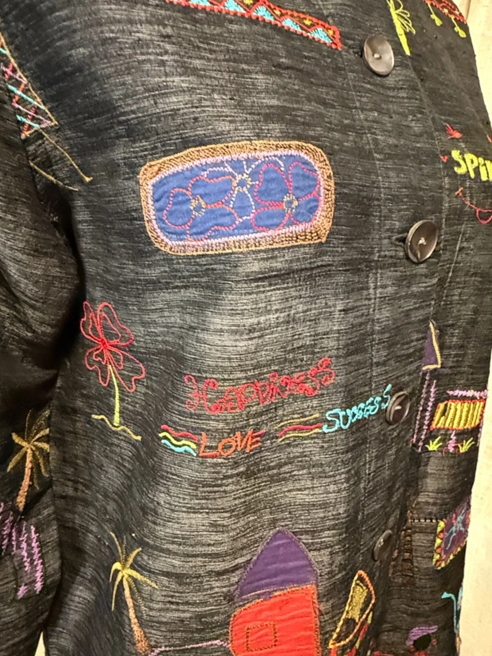Chico’s Embroidered Art Jacket Size 0 Silk Blend Whimsical Village Button Front - Picture 4 of 14